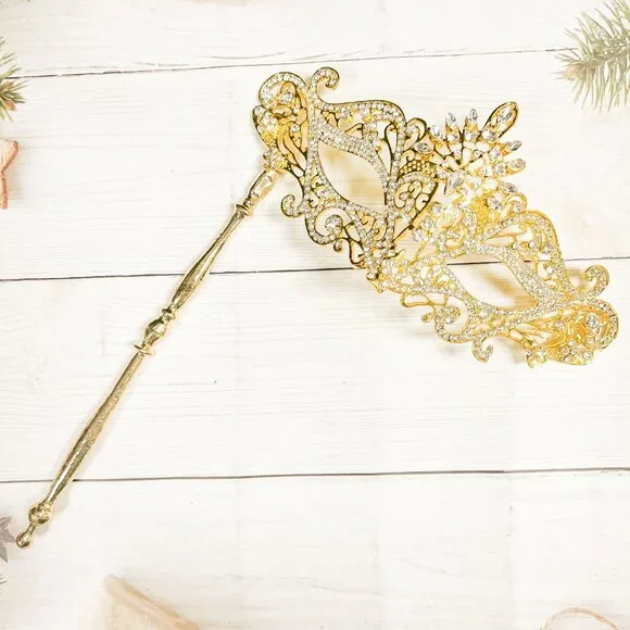 Clear Crystal Masquerade Mask with Stick, Gold Masquerade Mask, Wedding Party - Picture 2 of 6